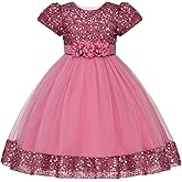 Uhnice Girls Sequin Tulle Flower Girl Dress with Detachable Bow for Wedding Birthday Party