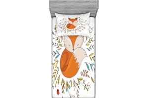 Ambesonne Cartoon Fitted Sheet & Pillow Sham Set, Fox Sleeping in a Floral Made Bed Circle Art Print, Decorative Printed 2 Piece Bedding Decor Set, Twinxl, Dark Orange