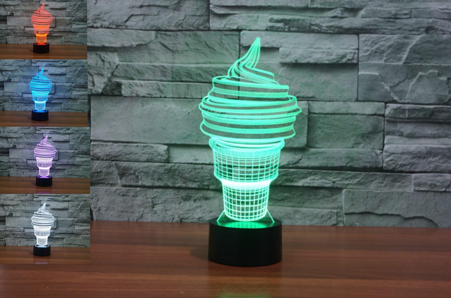 3D New Ice Cream Shape Night Light 16 Color Change LED Remote Control Table Desk Lamp Acrylic Flat ABS Base USB Home Decoration Toy Birthday Xmas Kid Children Gift
