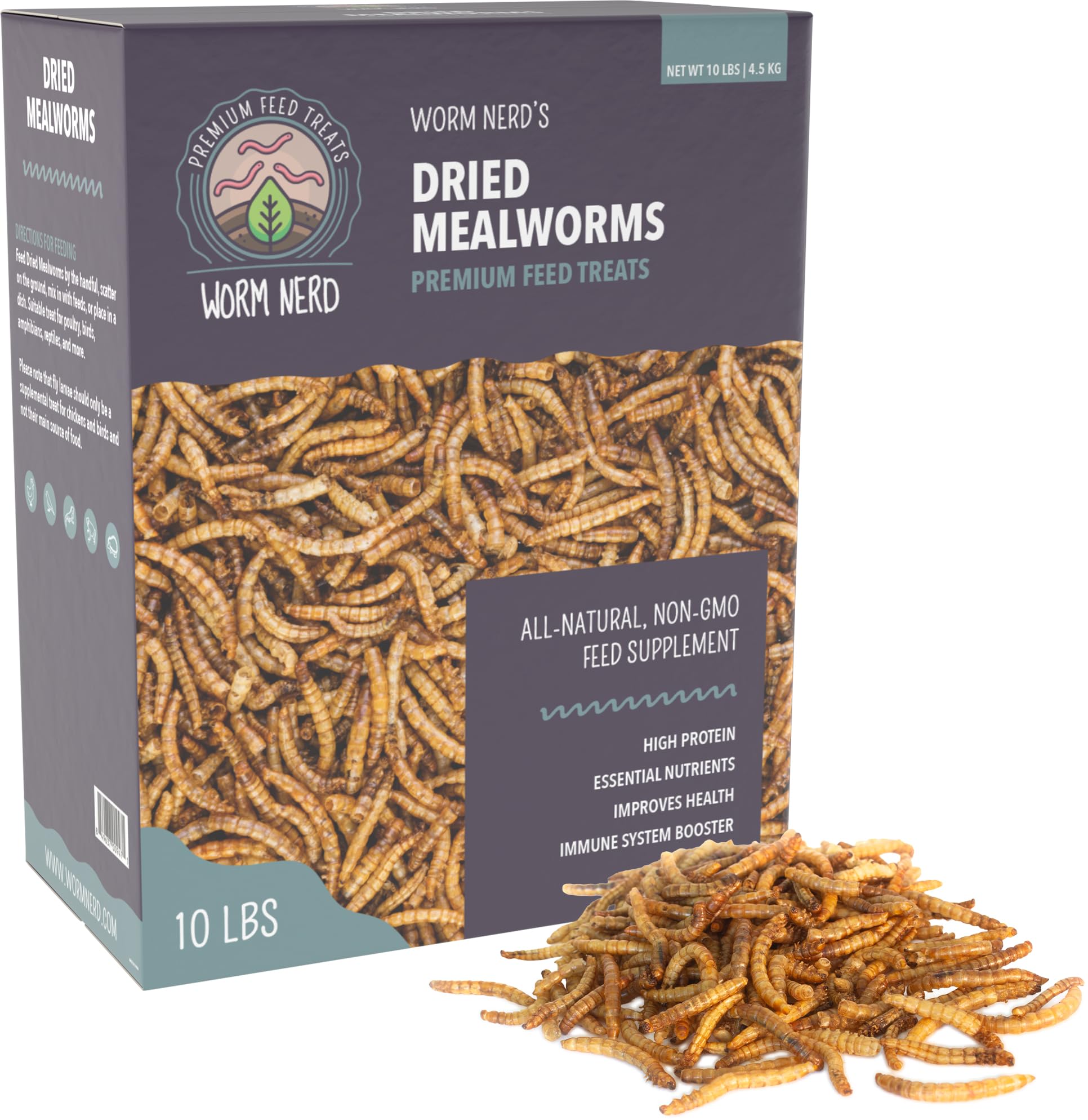 Worm Nerd WN61 10LB Dried Mealworms Non-GMO High Protein and Fiber Treat for Chickens, Birds, Reptiles, Amphibians, Fish., 10 POUNDS Image