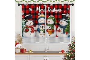 Arttown Christmas Kitchen Curtains, Snowman Xmas Buffalo Plaid Winter Snowflakes Red Short Window Drapes Set of 2, Window Treatment Tier Curtains for Kitchen Over Sink Dining Room Decor (26x36 Inch)
