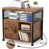Unikito Rolling File Cabinet, Lateral Filing Cabinet on Wheels Mobile Office Printer Stand with Door and Open Storage Shelf for A4, Letter Size and Hanging File Folders, Lockable, Rustic Brown