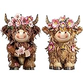 Burbell 2 Pcs Highland Cow Figurines Decor Daisy Flower Highland Cow Gnomes Resin Statue Calf Lovers Gifts for Farmhouse Home Garden Kitchen Office Tiered Tray Table Decor