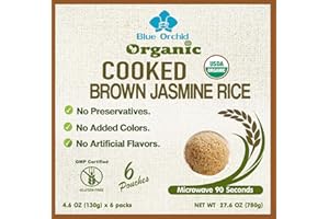BLUE ORCHID ORGANIC Organic Thai Jasmine Microwavable Cooked Brown Rice - Gluten-free - Vegan Healthy Ready to Eat 6 x 4.6 OZ Pouch (Brown Rice 6 Pouches)