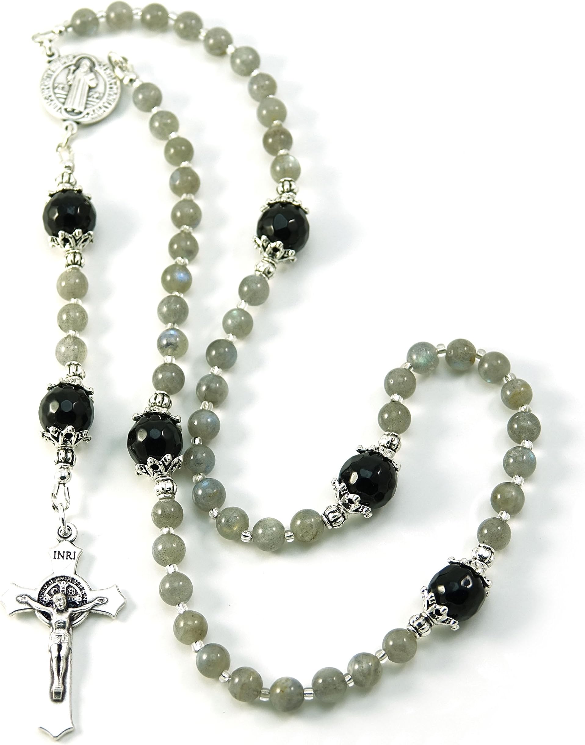 Silver InchesSaint Benedict Crucifix and Rosary Center Prayer Beads Labradorite Gemstone Catholic Rosary Blessed with Anointing Oil (Not a Necklace)