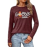 Thanksgiving Shirt Women Thanksgiving Turkey Shirts Cute Gobble Print Tshirt Fall Casual Long Sleeve Tee Top