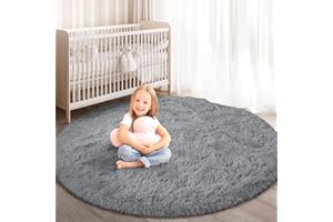 KIXINWA Round Rug for Bedroom, 4x4 Fluffy Soft Circle Area Rugs for Kids Girls Nursery Room, Washable Plush Shaggy Indoor Floor Bedside Living Room Circular Carpet, Home Decor Aesthetic, Grey