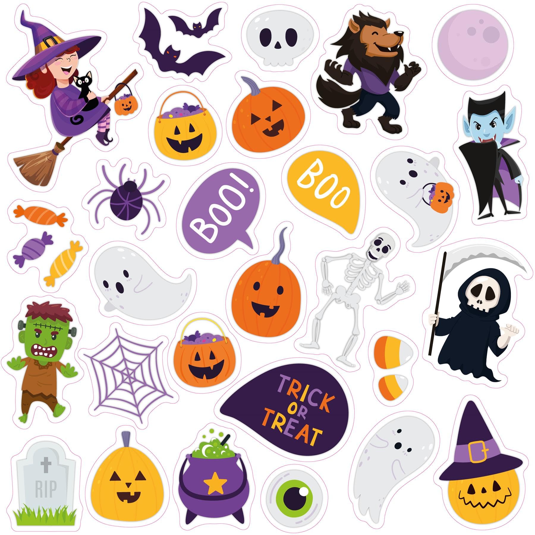WALPLUS Gel Clings Removable Reusable Double-Sided Print for Kids Toddlers Classroom Nursery Window Display Spooky Creatures Cute Halloween 28 Pieces 18x28cm Multicoloured