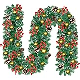 Christmas Garland with Lights, 9ft 30LED Battery Operated Garland Decorated with Pine Cones, Berry, Artificial Snowy Pine, Indoor & Outdoor Xmas Garland for Stairs Fireplace Door Fences