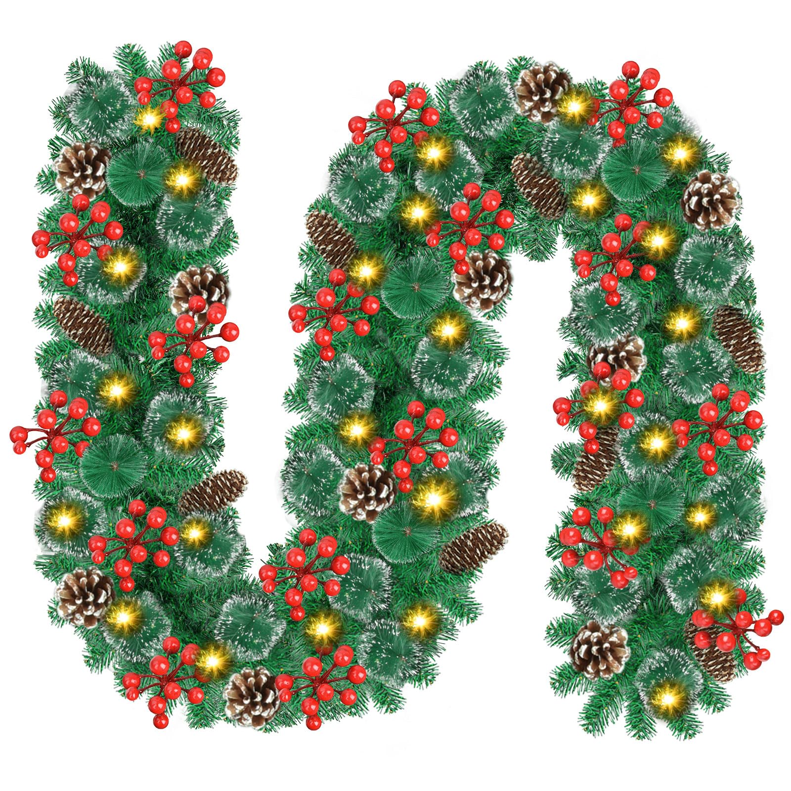 Photo 1 of Christmas Garland with Lights, 9ft 30LED Battery Operated Garland Decorated with Pine Cones, Berry, Artificial Snowy Pine, Indoor & Outdoor Xmas Garland for Stairs Fireplace Door Fences