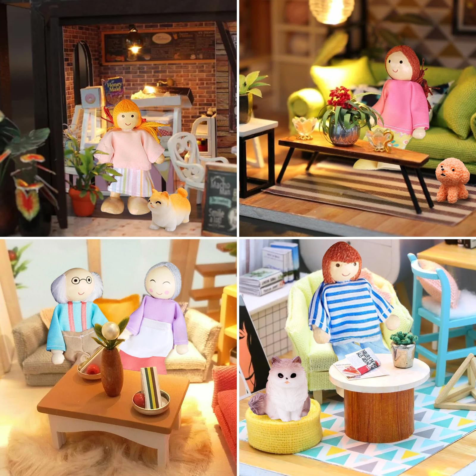 Ruikdly Puppenhaus Puppen - 13 Stück Holz Familie Set mit Katze und Hund, Figuren Biegepuppen Puppen Familie Set für Puppenhaus Zubehör Spiel Haus Geschenk 6