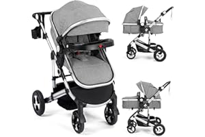 Kinder King 3 in 1 Reversible Baby Stroller w/Detachable Tray, Convert to Newborn Pram, Folding Infant Carriage for Toddler, Adjustable Canopy & Handle, Aluminum Alloy, Suspension Wheels