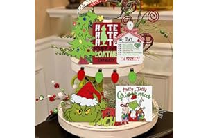 VARUOTU Grinchs Christmas Decorations 6PCS Grinches Tiered Tray Decor Christmas Tiered Tray Decor Farmhouse Green Christmas Wood Signs Bead Garland Ornaments (Monster B)