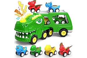 ENJSD Toys for 1 2 3 4 Year Old Boy Girl, 5 in 1 Toy Trucks for Boys Age 2-3 with 4 Dinosaur Toy Cars for Toddlers 1-3, Friction Powered Toddler Boy Toys Dinosaur Truck Toys Gift with Flashing Light & Sound