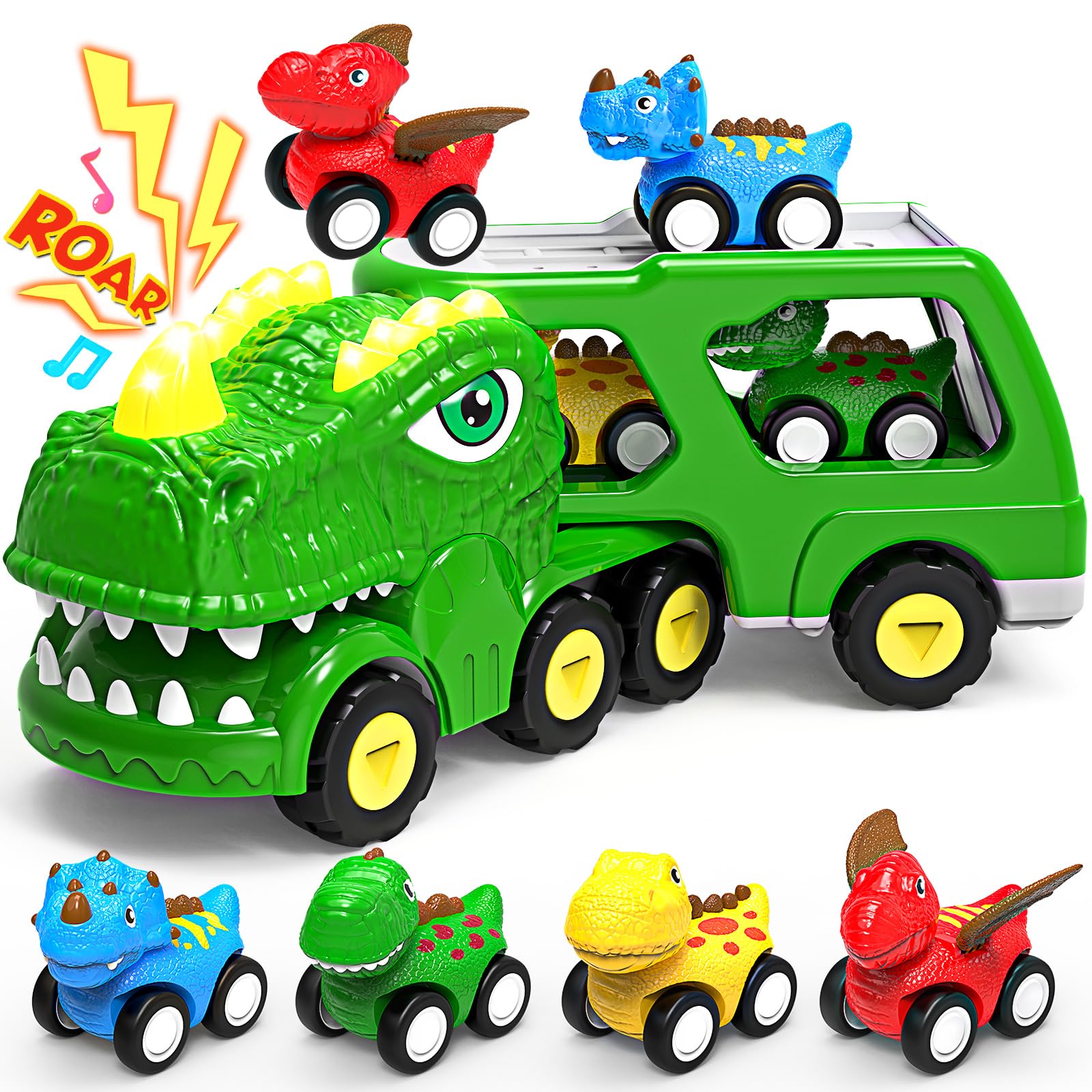 ENJSD Dinosaur Toys for 1 2 3 4 Year Old Boys Girls, 5 in 1 Dinosaurs Truck Toys for Boys Age 3-5 with Roar Sound & Lights, Friction Powered Dinosaur Toy Cars for Baby Kids & Toddler Toys