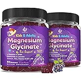 (2Pack) Sugar Free Magnesium Glycinate Gummies for Kids & Adults - Zzz Support, Relaxation & Cognition Support, 200/400mg Magnesium Gummies with L-Theanine, GABA, Calcium, B6, D3, C & K2, Grape Flavor