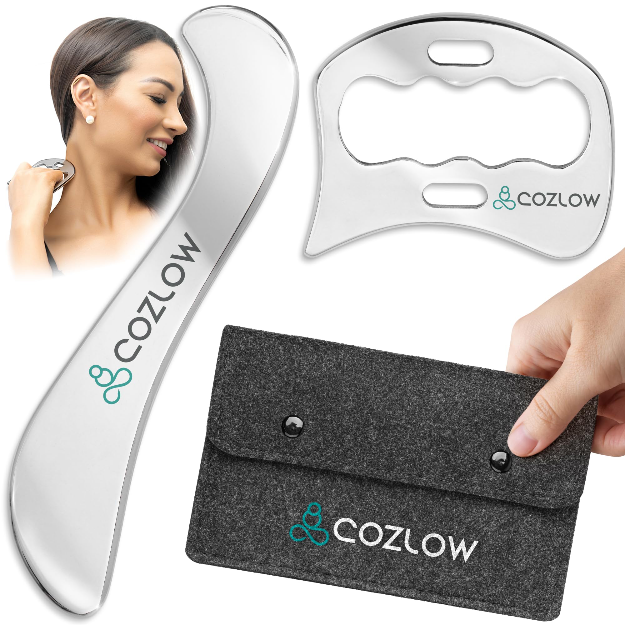 2-in-1 Stainless Steel Muscle Scraper Tool Set for IASTM Therapy - Skin Scraping Massage Tools for Soft Tissue Mobilization - Deep Tissue Gua Sha for Arms, Legs & Back - by Cozlow