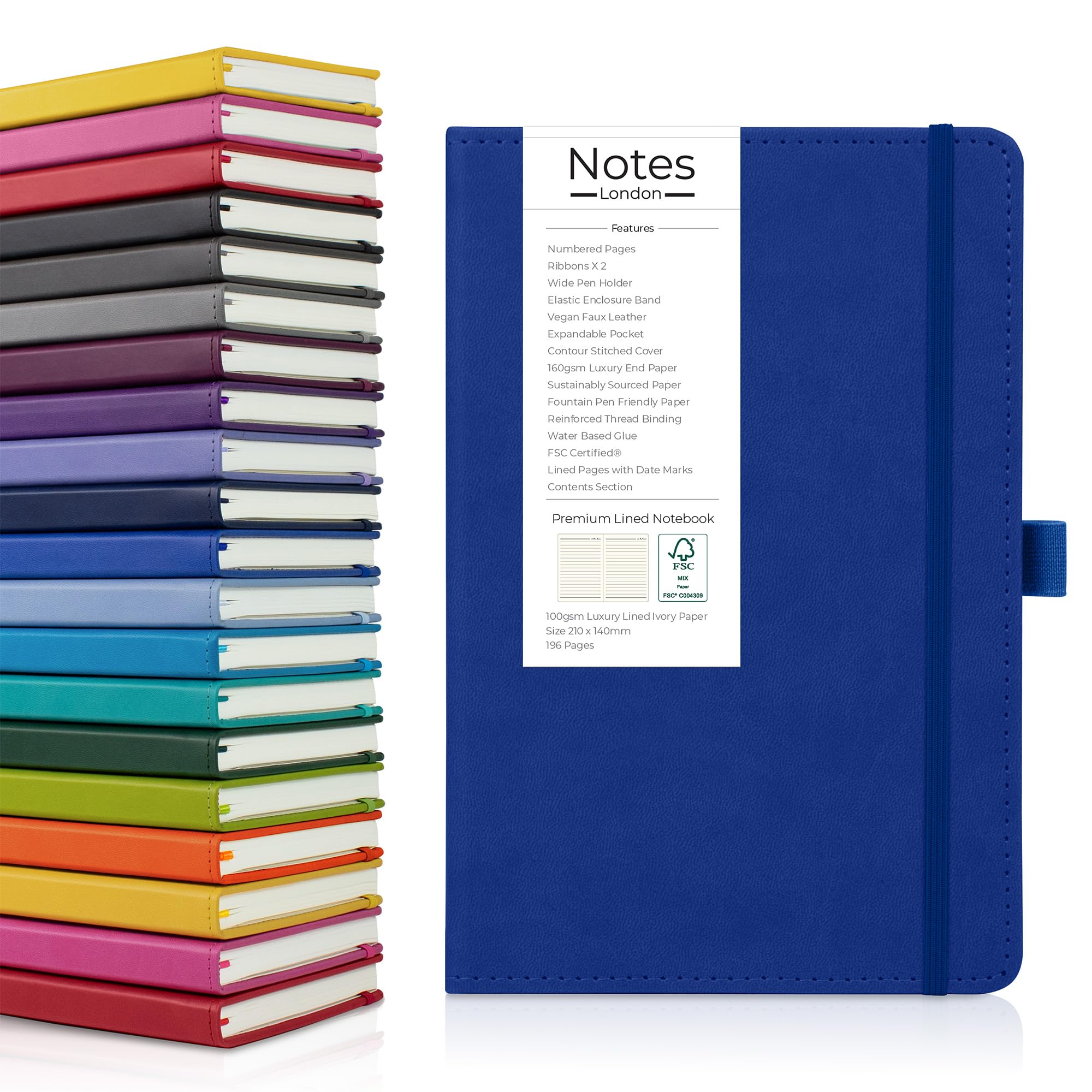 Notes London Luxury Italian Style A5 Notebook with Stitched Hardcover, 100gsm Lined Numbered & Date Marked Pages, 2X Ribbons, Pen Loop, Contents Page, Paper Pocket, Medium Journal, Sustainable (Blue)
