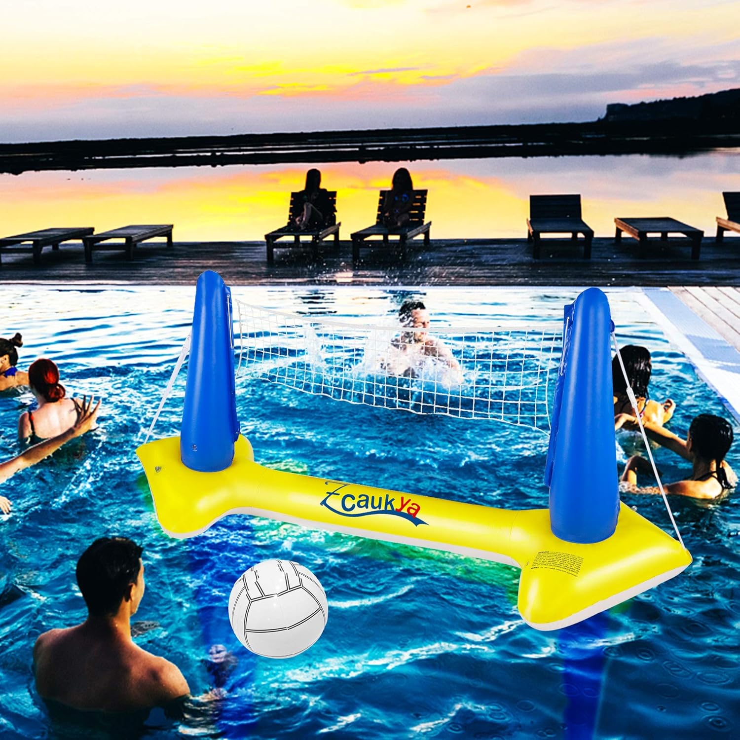 Zcaukya Inflatable Pool Float Set, Inflatable Volleyball Net & Basketball Hoop with Balls, Inflatable Pool Floating Volleyball Basketball Set Swimming Pool Games for Kids Adults: Toys & Games