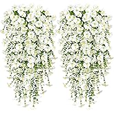 TOCHGREEN Artificial Fake Hanging Flowers Plants for Outdoor Decoration 2PCS Faux Silk Morning Glory Flowers UV Resistant Hanging Plants for Home Porch Patio Garden Planter Decor (White, 2PCS)