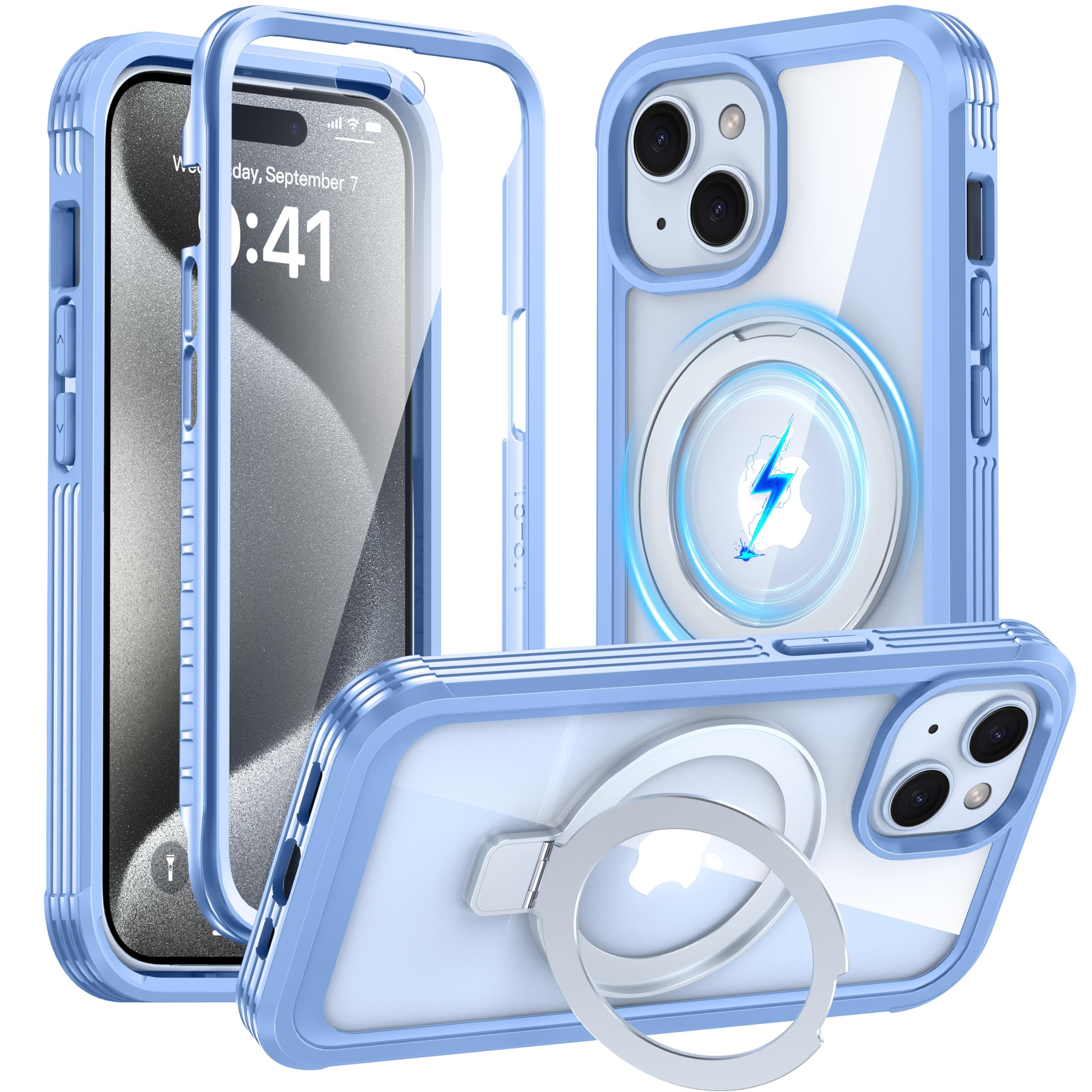 Photo 1 of GUSTAVE Magnetic Stand for iPhone 15 Case [Fit for Magsafe] [Built-in 9H Tempered Glass Screen Protector] Full-Body Shockproof Military-Grade Protective Case Sky Blue