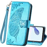 HAOTP Wallet Case for Motorola Moto G 5G 2024 with Card Holder Blue | PU Leather Flip Protective Phone Cover,Wrist Strap,Pocket,Emboss Butterfly Flower,Stand,Magnetic Closure,for Woman Man Girl