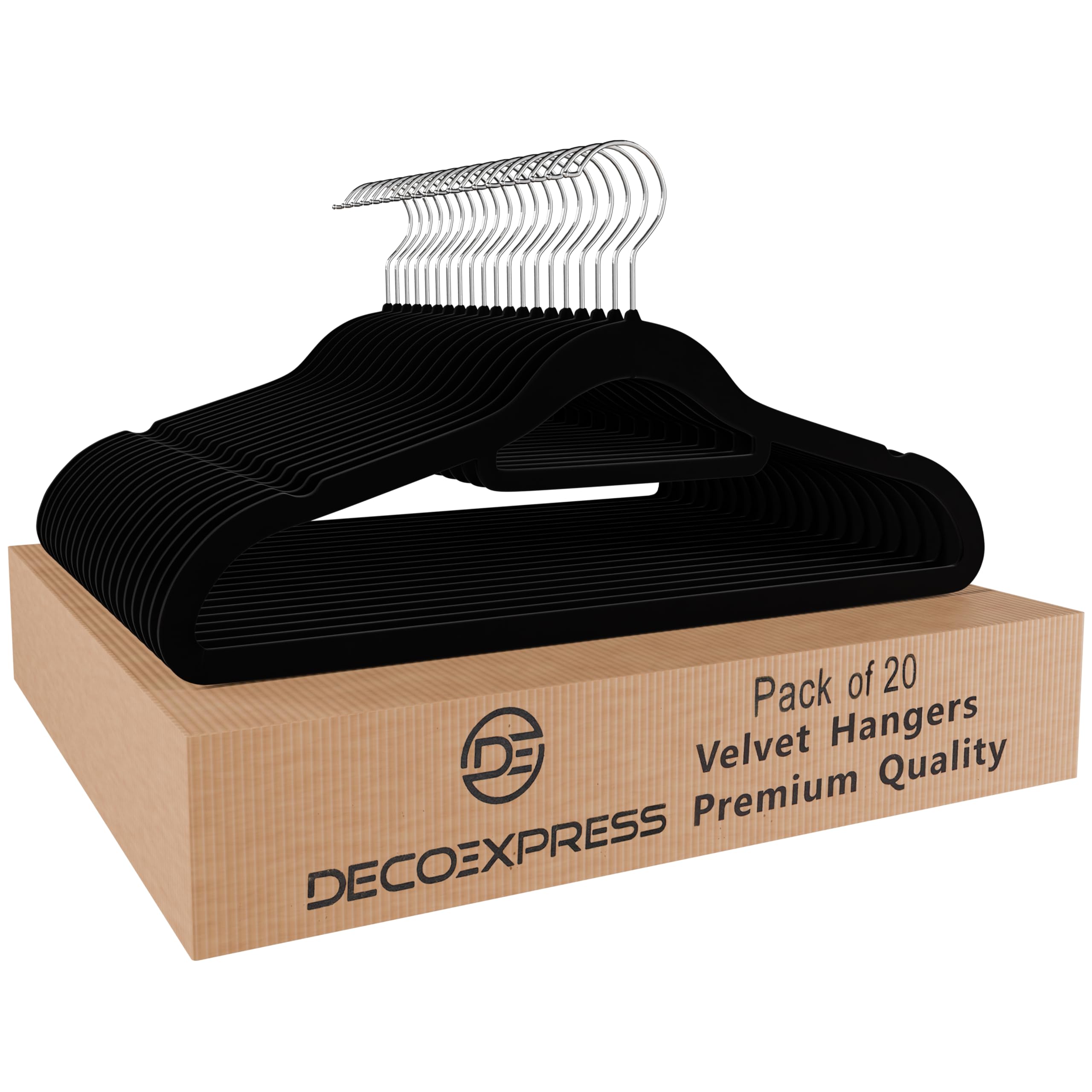 DECO EXPRESS Velvet Hangers, Multipack Non Slip Coat Hangers with 360° Swivel Hooks, Space Saving Wardrobe Organiser for Kids & Adults Clothes (Black, 20 Pack)