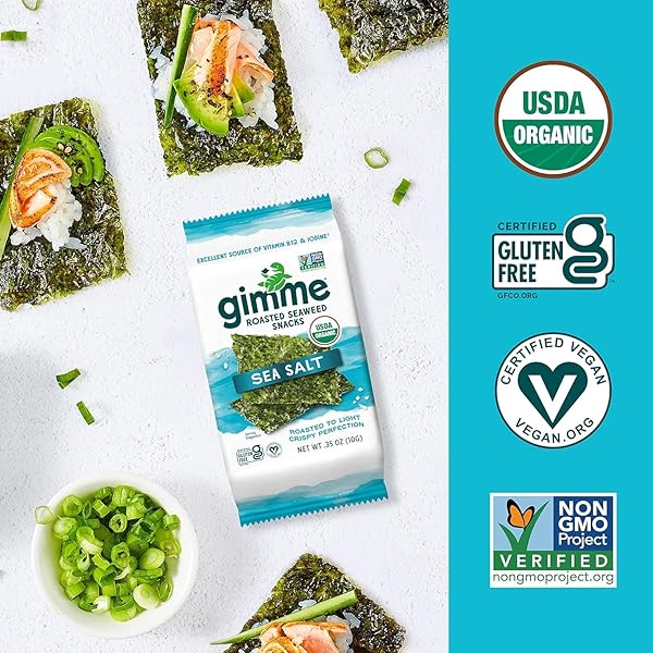 GIMME SEAWEED ORGANIC PREMIUM ROASTED SEAWEED SNACKS, SEA SALT, 10G SHARING PACK (SINGLE) KETO, VEGAN, GLUTEN-FREE, GREAT SOURCE OF OMEGA3S AND IODINE, HEALTHY ON-THE-GO SNACK FOR KIDS AND ADULTS