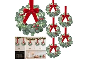TURNMEON 6 Pack 12 Inch Mini Christmas Wreath Small Christmas Kitchen Cabinet Wreaths with Red Bow Eucalyptus Leaves Flowering Boxwood Branches Red Berry Xmas Wreaths for Windows Door Wall Stairs Home Decor
