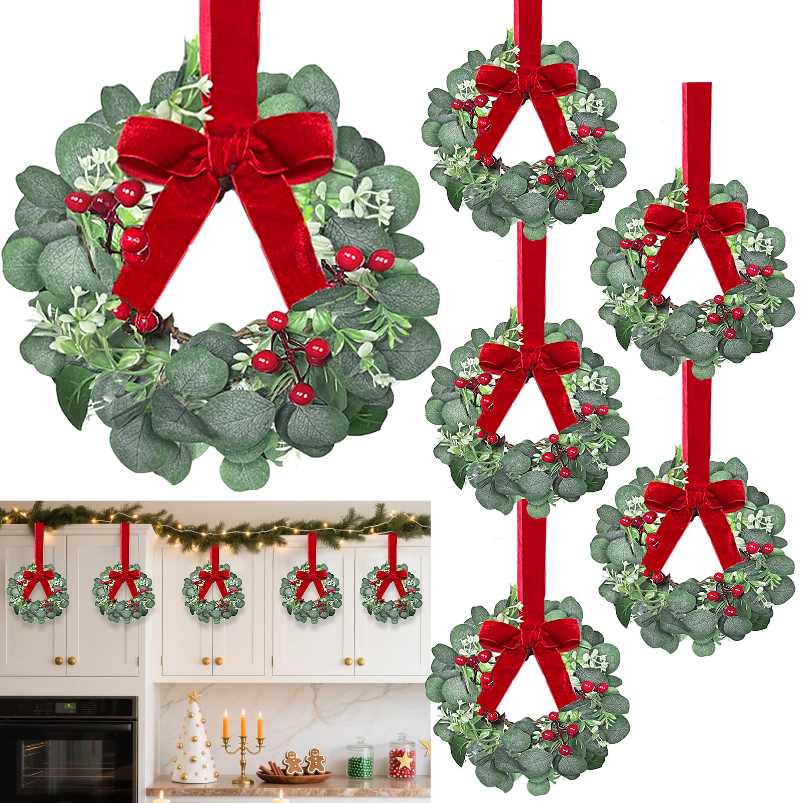Photo 1 of 6 Pack 12 Inch Mini Christmas Wreath Small Christmas Kitchen Cabinet Wreaths with Red Bow Eucalyptus Leaves Flowering Boxwood Branches Red Berry Xmas Wreaths for Windows Door Wall Stairs Home Decor