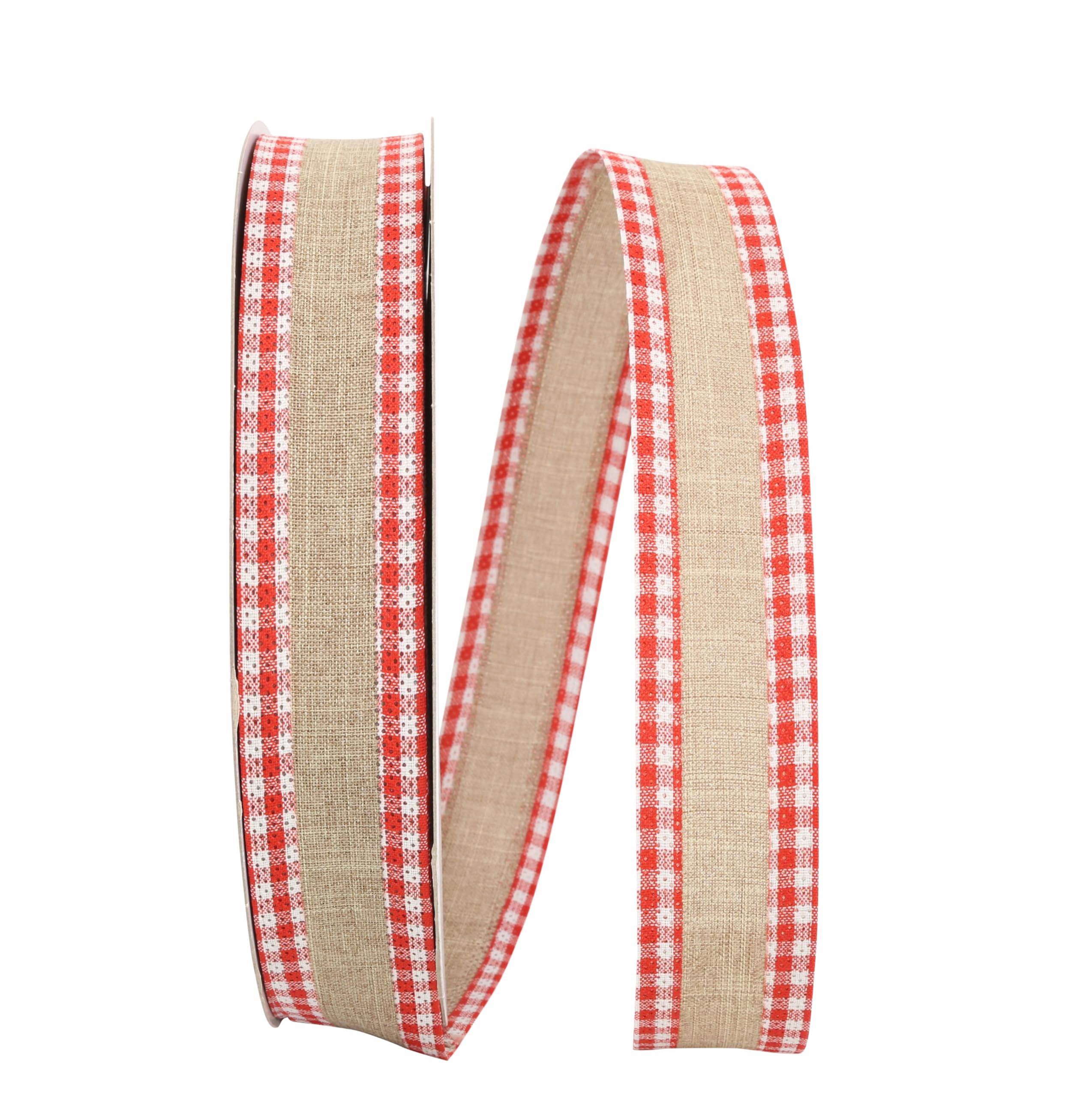 Reliant Ribbon Linen Gingham Check Value Wired Edge Ribbon, 1-1/2 Inch X 50 Yards, Natural/red