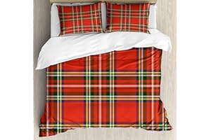 Ambesonne Plaid Duvet Cover Set, European Western Culture Inspired Abstract Irish Pattern Vintage Classical Design, Decorative 3 Piece Bedding Set with 2 Pillow Shams, King Size, Scarlet Grey