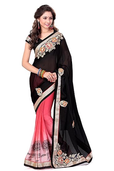 Womens Chiffon Saree With Blouse Piece (8601_Black & Peach)