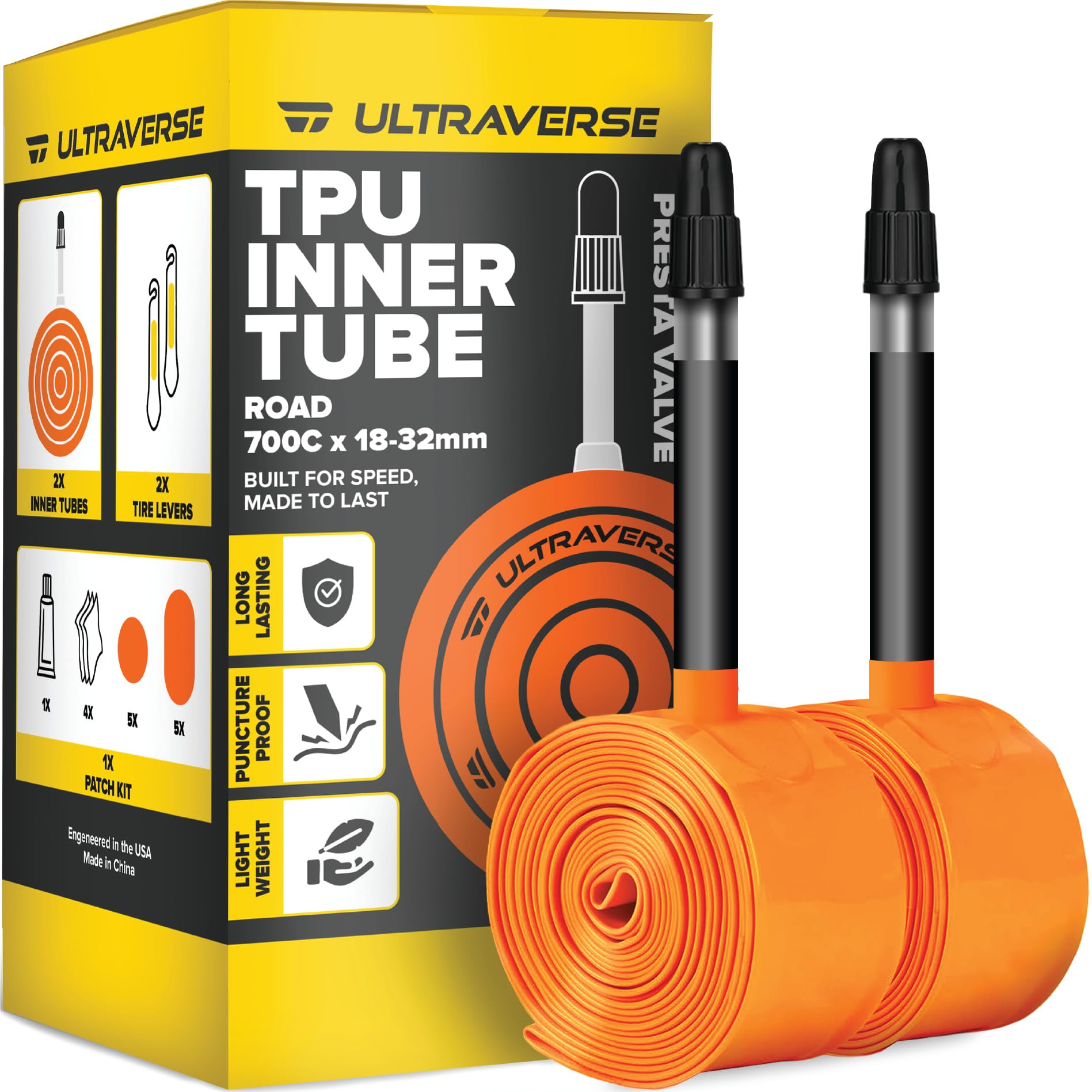 Photo 1 of Ultraverse TPU Road Bike Inner Tube 700 x 18-32 with 65mm Presta Valves Ultra Lightweight Tubes for Road and Gravel Bicycles - 2 Pack with Repair Patch Kit