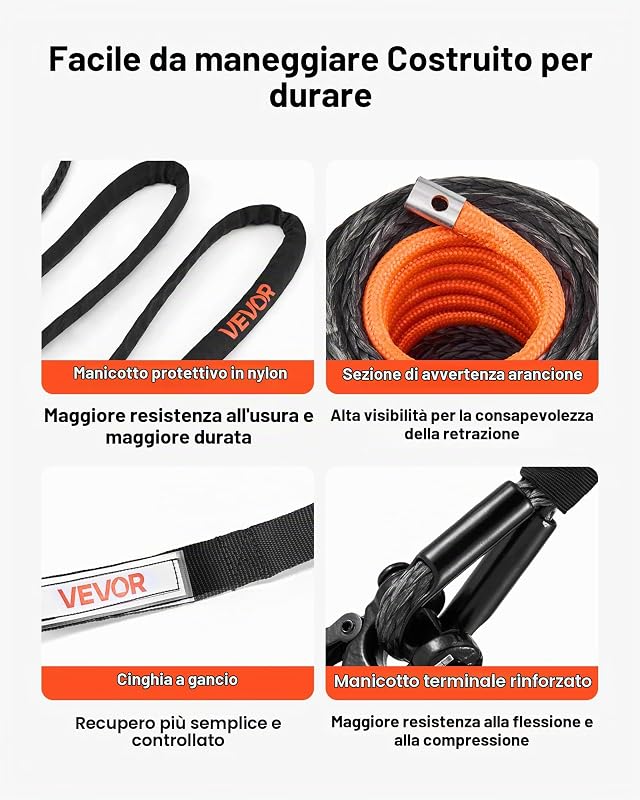 Corda sintetica per verricello 1,9 cm x 300 m 12 kg + manicotto protettivo + gancio + cinghia da tirare misura universale SUV grandi veicoli