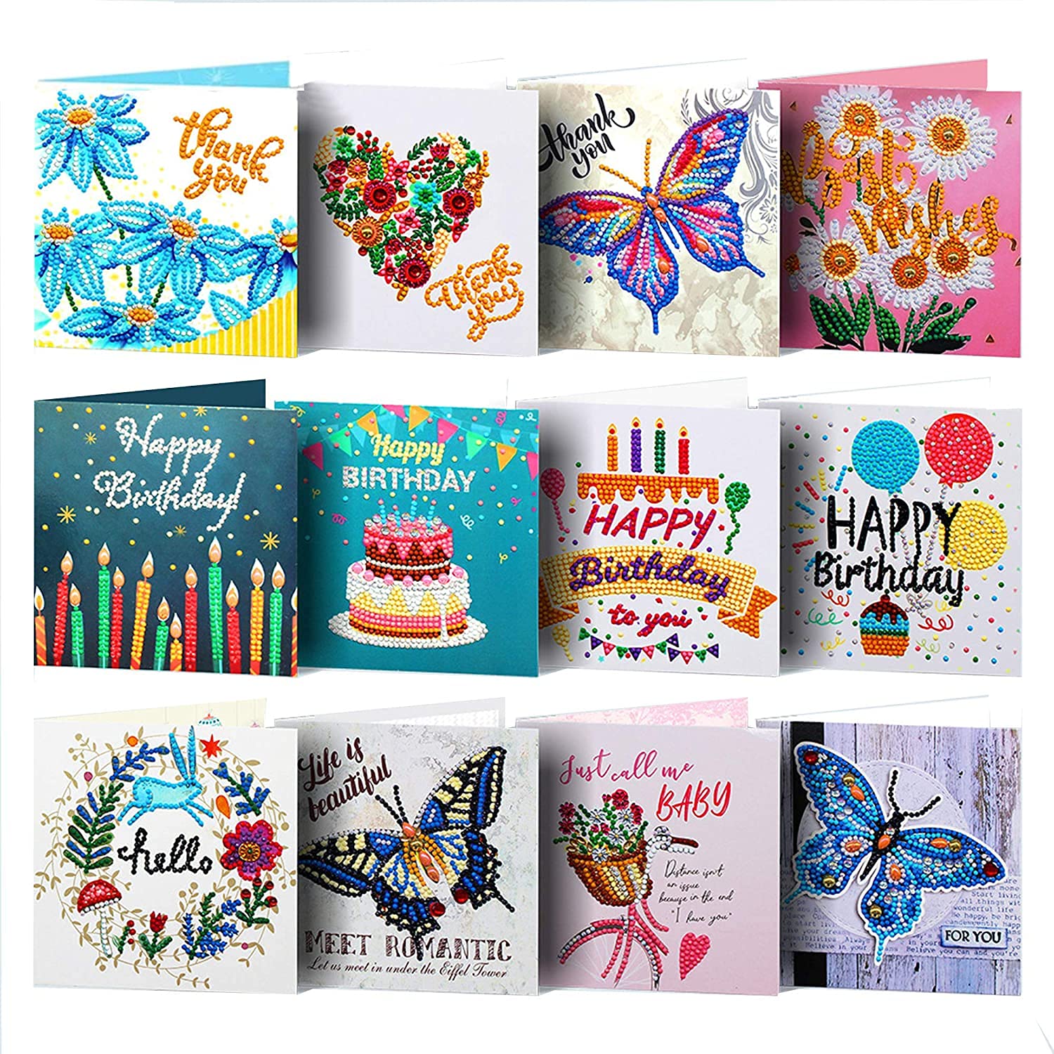 VDYXEW 12pcs 5D DIY Diamond Painting Birthday Greeting Card - Hinestone Embroidery Arts Craft Cards Kits Postcard for Birthday Thanksgiving Crafts Gift