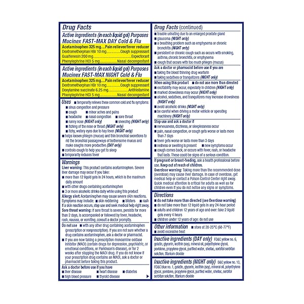 MUCINEX FAST-MAX LIQUID GELS FOR DAY/NIGHT COLD AND FLU, 24 COUNT