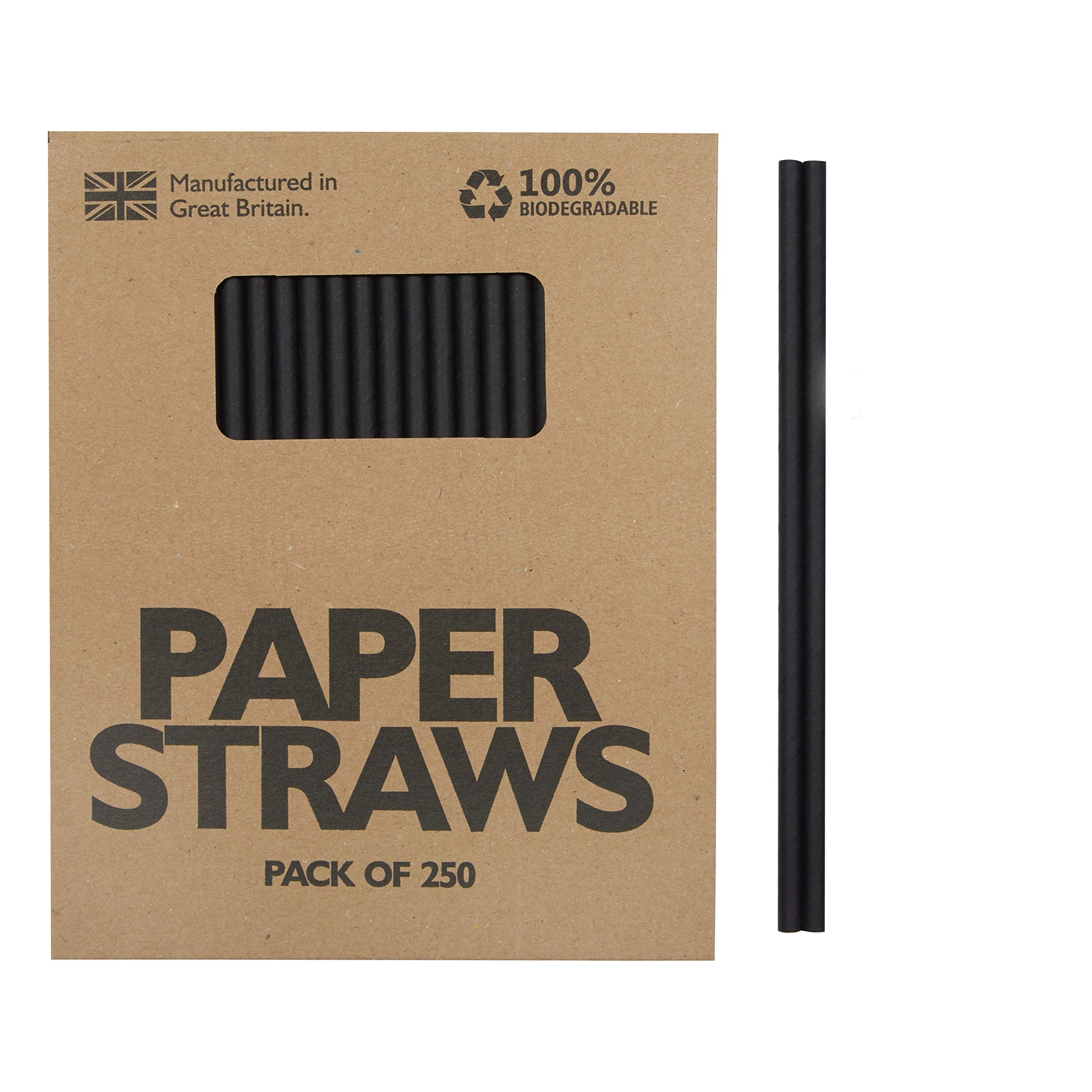 Paper Straws - 250 Pack, Eco-Friendly Biodegradable Straws - 20 Cm Long with 6 MM Bore - for Coffee, Smoothies, Juices, Milk, Etc - Home Parties, Office, Travel, DIY Projects (Black, 250)