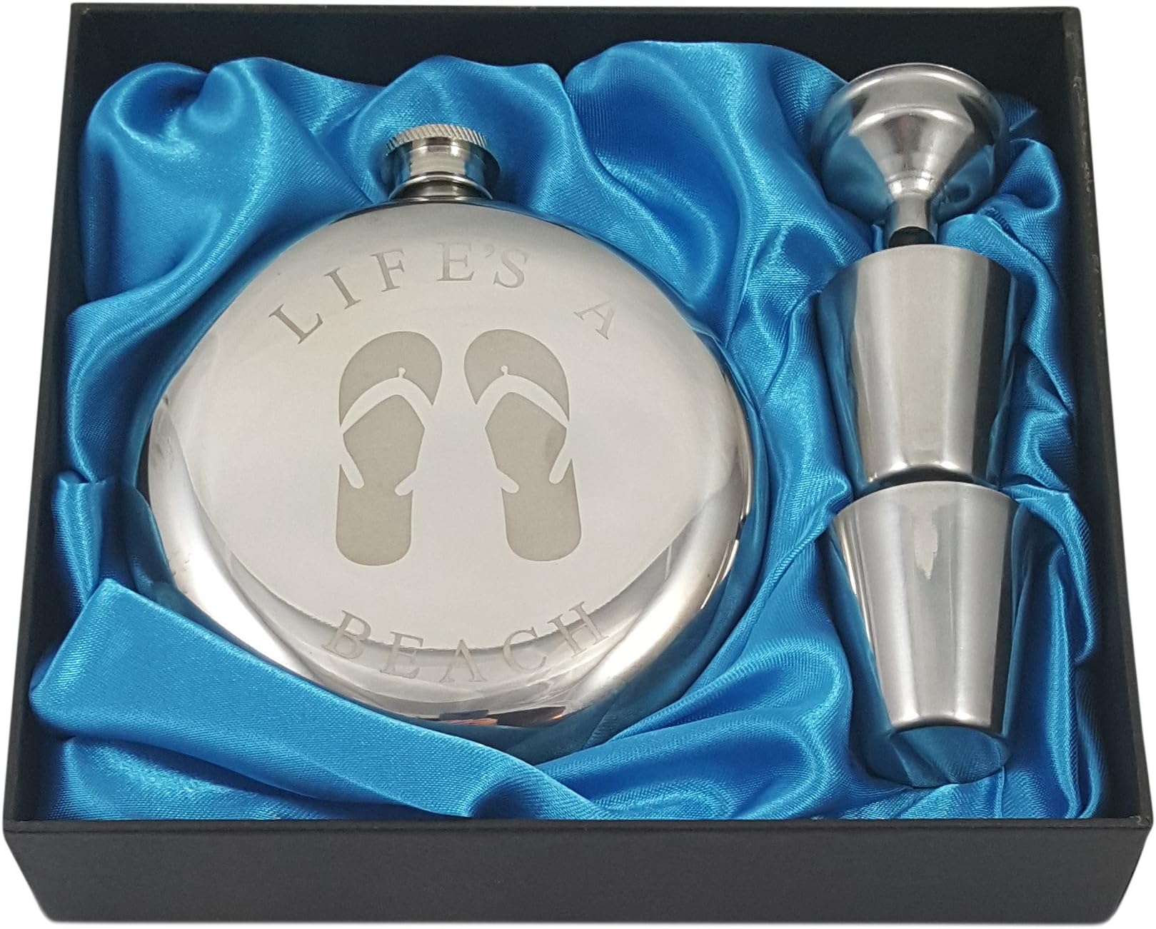 Beach Themed 10 oz Round "Flip Flops" Flask Gift Set with Two Shot Glasses and a Funnel in a Black Gift Box