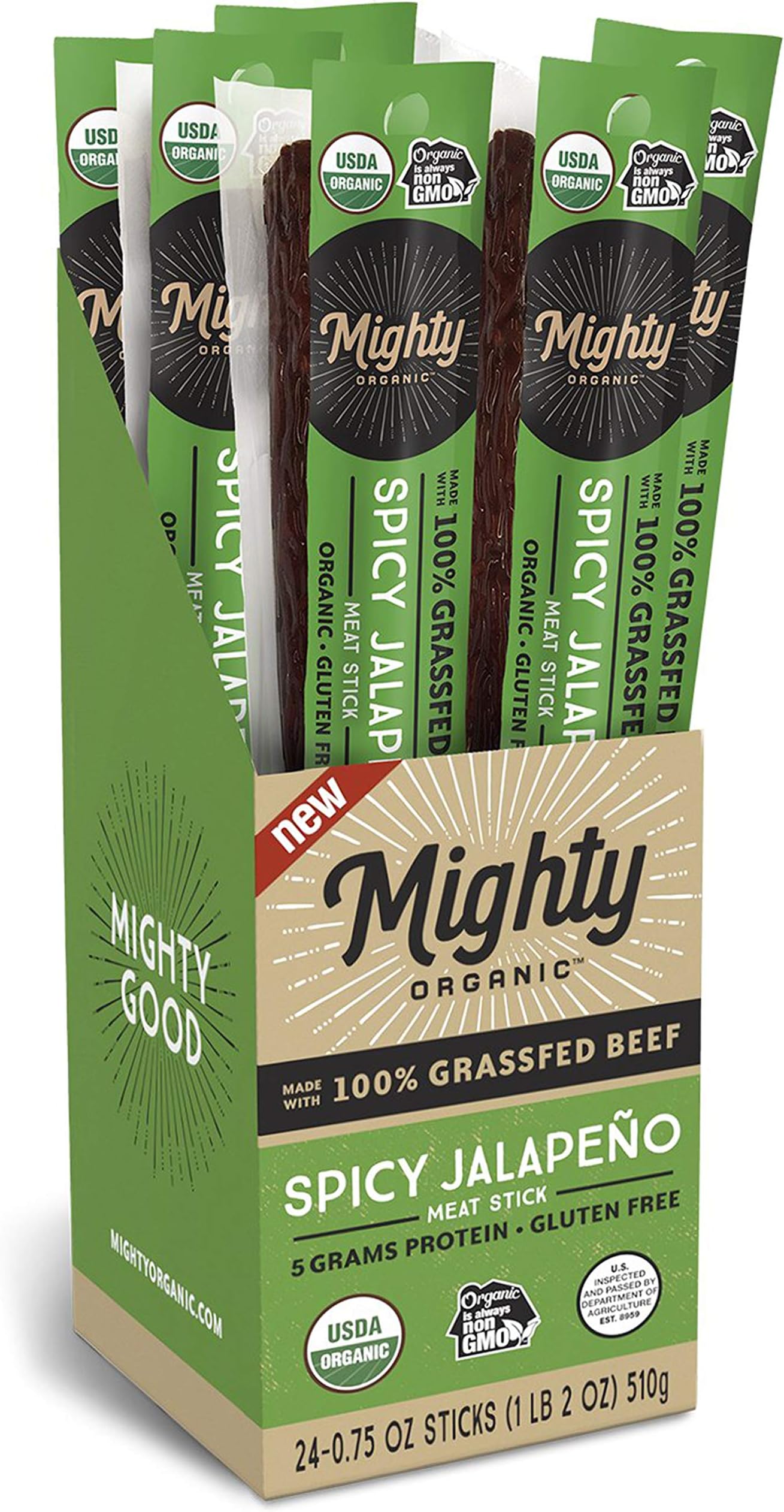 100% Grass Fed Meat Sticks, Keto Snacks, Spicy Jalapeno, Mighty Organic, 0.75oz (Pack of 24)