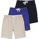 Real Essentials 3 Pack: Men's Cotton 9" Cargo Shorts - Elastic Waistband with Drawstring & Pockets