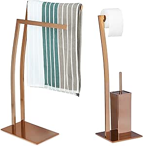 Relaxdays Set Escobillero Portarrollos y Toallero de Pie Rectangular WIMEDO, 2 Unidades, Acero Inoxidable, Cobre