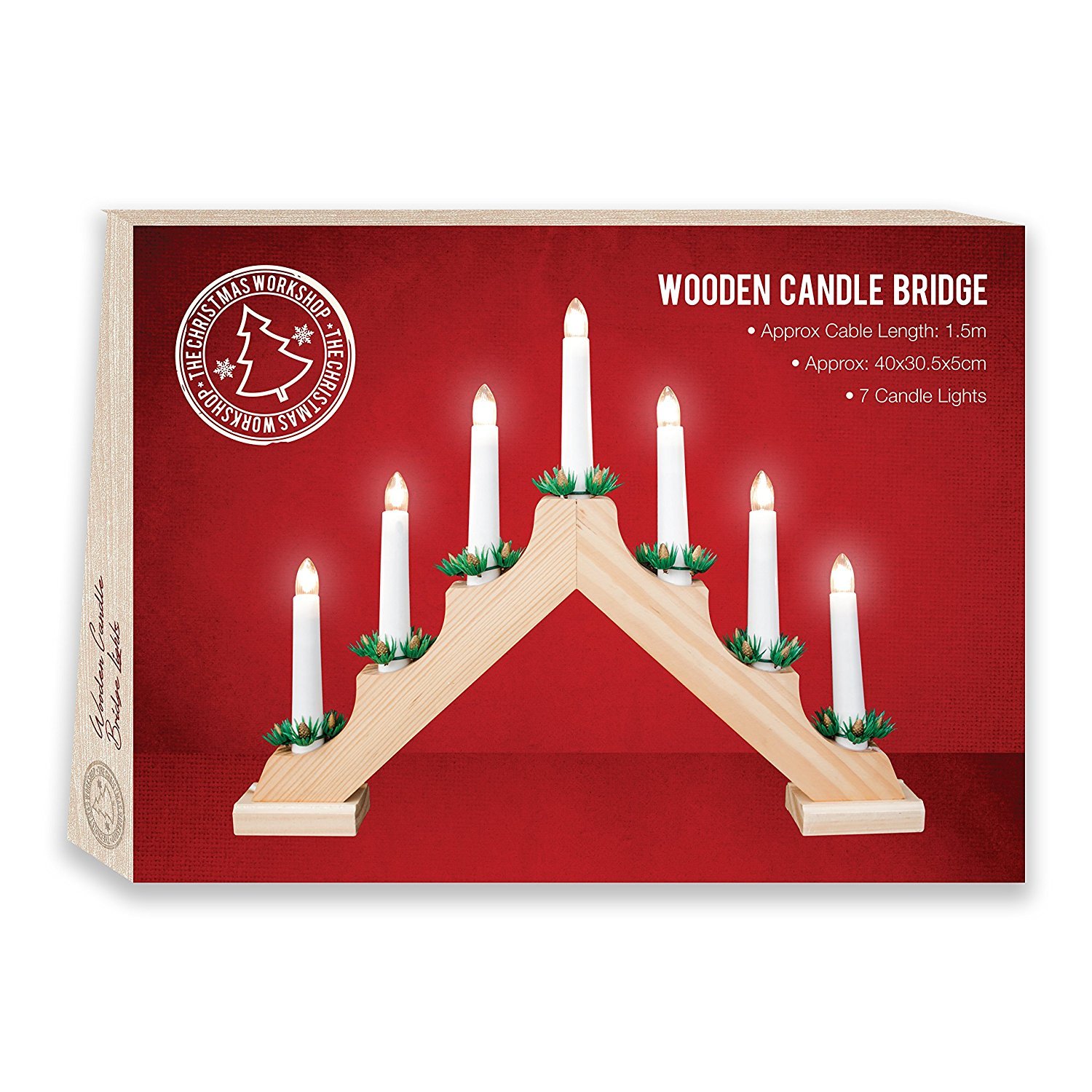 The Christmas Workshop 89470 Wooden Christmas Candle Bridge/Pine Wood Finish / 7 Warm White LED Lights/Christmas Lights & Decorations / 40cm x 33cm x 5cm / Battery Powered