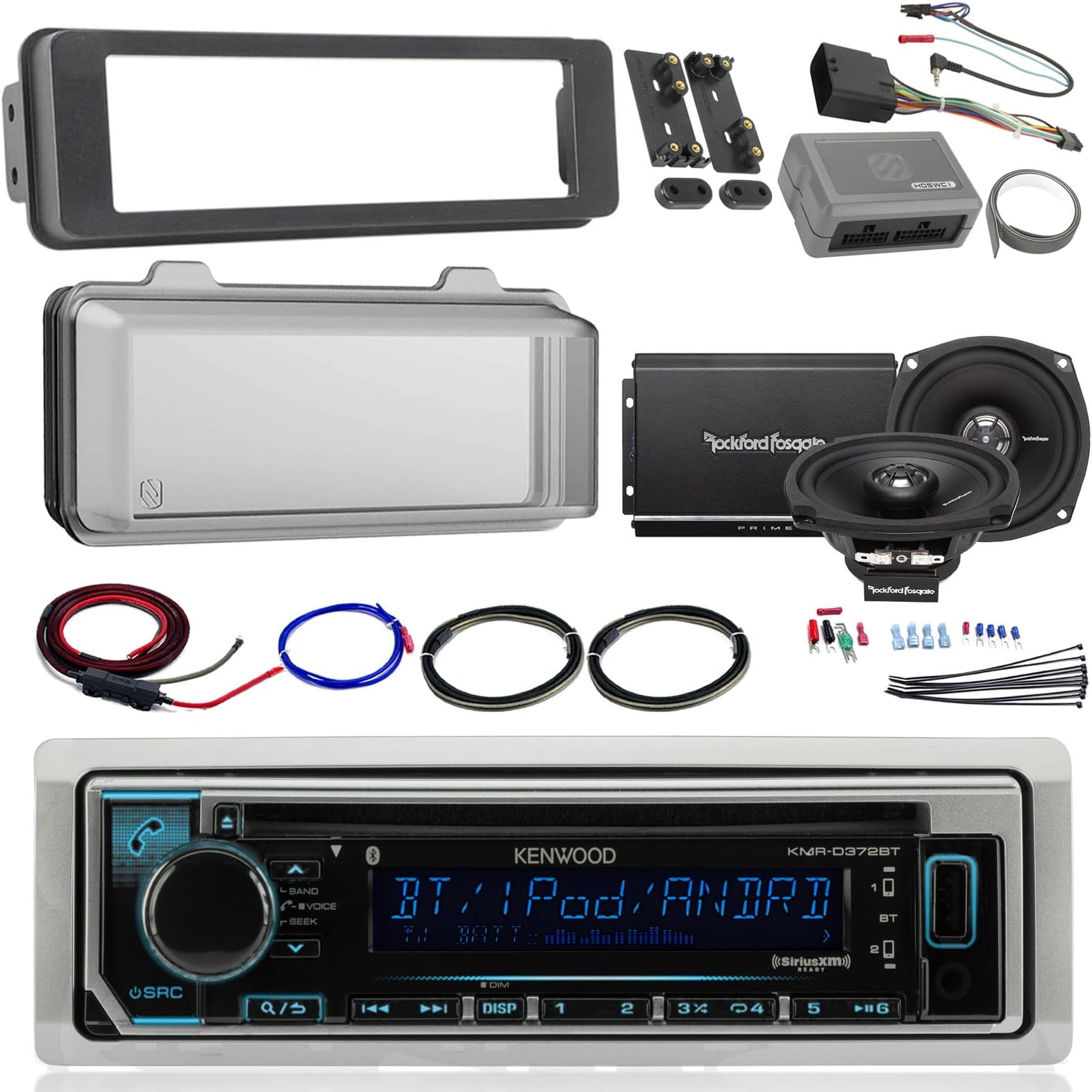 Harley Audio Package of Kenwood KMR-D365BT Bluetooth CD MP3 Stereo Receiver Bundle Combo with Dash Trim Kit + Radio Cover + 2X 5.25 Speaker + 2 Channel Amplifier W/Install Kit + Handlebar Conroller