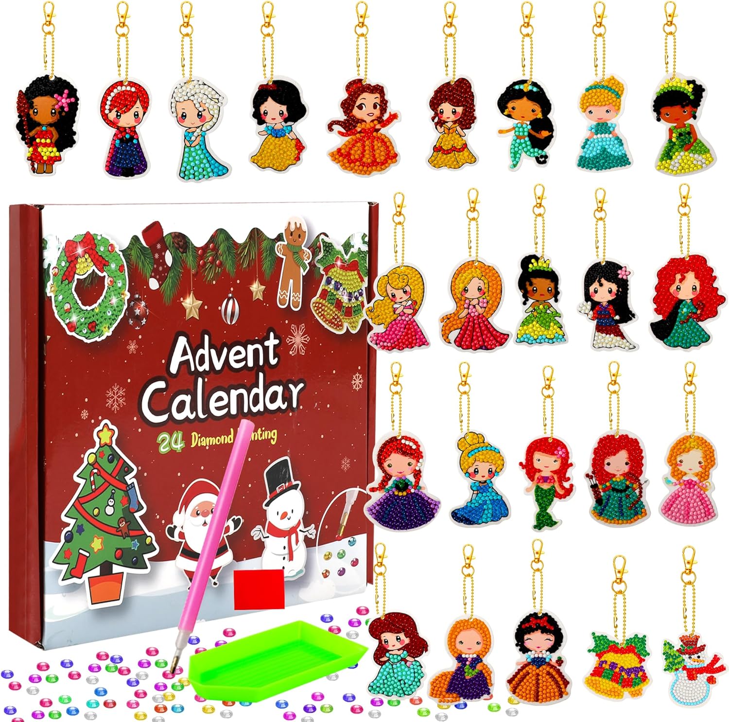Advent Calendars - 2023 Christmas Advent Calendar Diamond Painting Kits for Kids Christmas 24 Days Countdown Calendar with Numbers Gem Paint DIY Creative Diamond Mosaic Make Your Own GEM Keychains