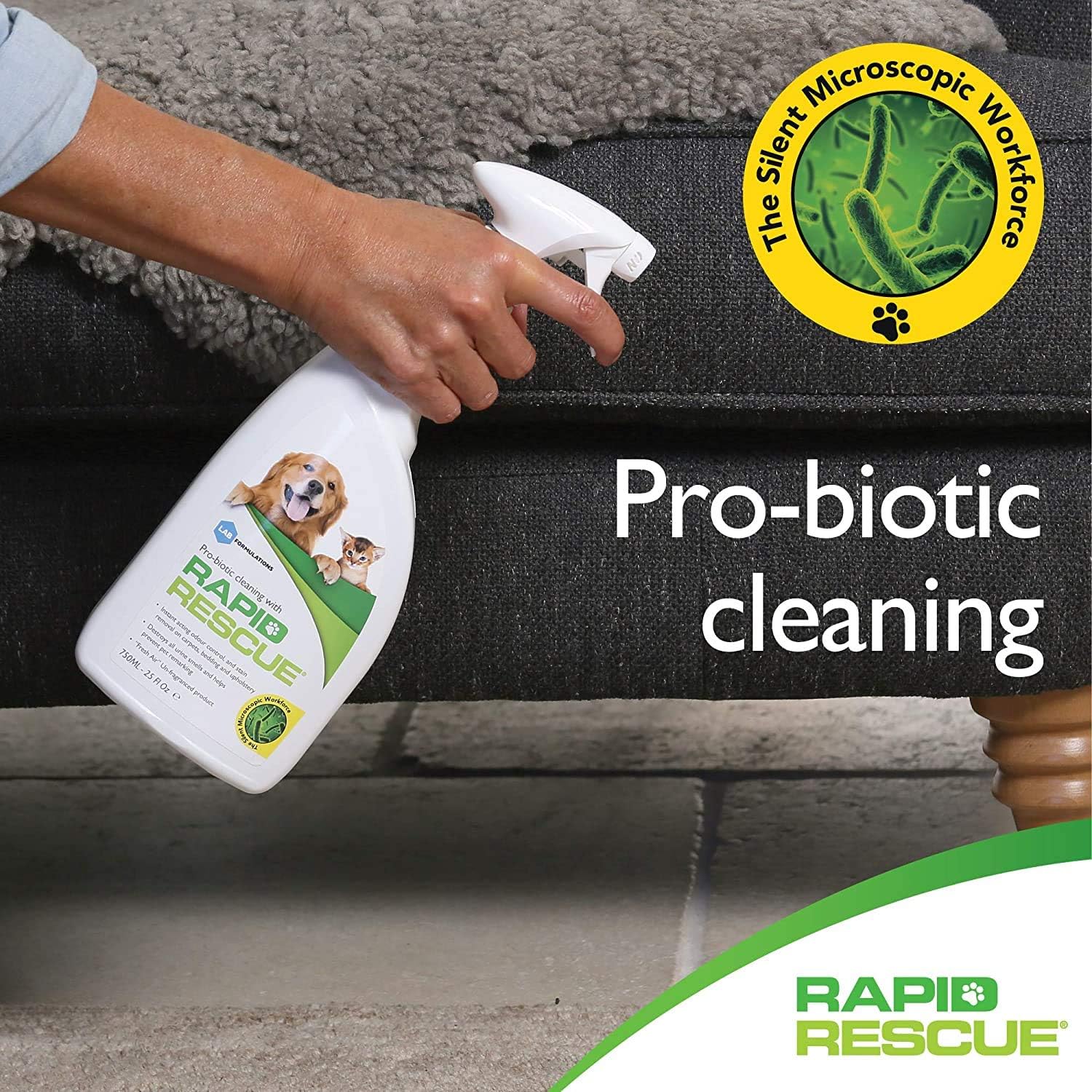 Rapid Rescue | Pet Odor Eliminator Urine Smell Remover | Natural Microbe Enzymatic Green Solution Fast-Acting on Cat & Dog Stains on Carpets, Wood Floors, Cars, Rugs (1pk): Health & Personal Care