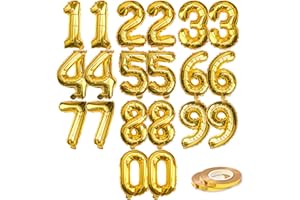 WELLINOLOGY [20 Pcs] 16" Gold Foil Number Balloons (2 sets of 0-9) - Mylar Aluminum Hanging Decorations for Graduation, Birthday, Christmas & New Year's Eve Parties