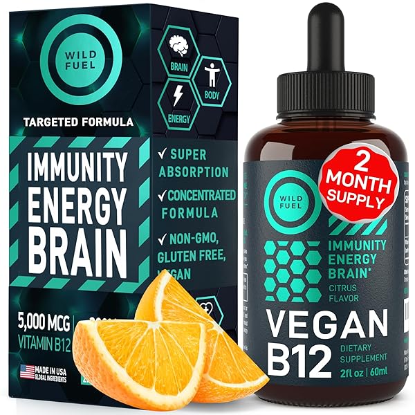 VEGAN VITAMIN B12 LIQUID DROPS – FAST-ACTING 60 X 5000MCG METHYLCOBALAMIN B12 SUPPLEMENT – ENERGY, MEMORY AND MOOD SUPPORT – HIGH-POTENCY ONE-DROPPER PER DAY – NON-GMO, NATURAL CITRUS FLAVOR – 2OZ