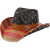 WOOH USA American Flag Cowboy Hat for Women and Men, 4th of July Cowboy Hat for Men, Straw Cowgirl Hats Women