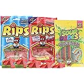 Licorice Bite Size Candy Real Fruit Juice Flavored Fat Free Rips Candies (4oz) and Sour Dudes | Strawberry, Raspberry,Cherry, Wild Berry, Green and Red Apple Flavors | Cupcake Toppers for Birthday Parties Favor, Halloween, Christmas Gift Candy.